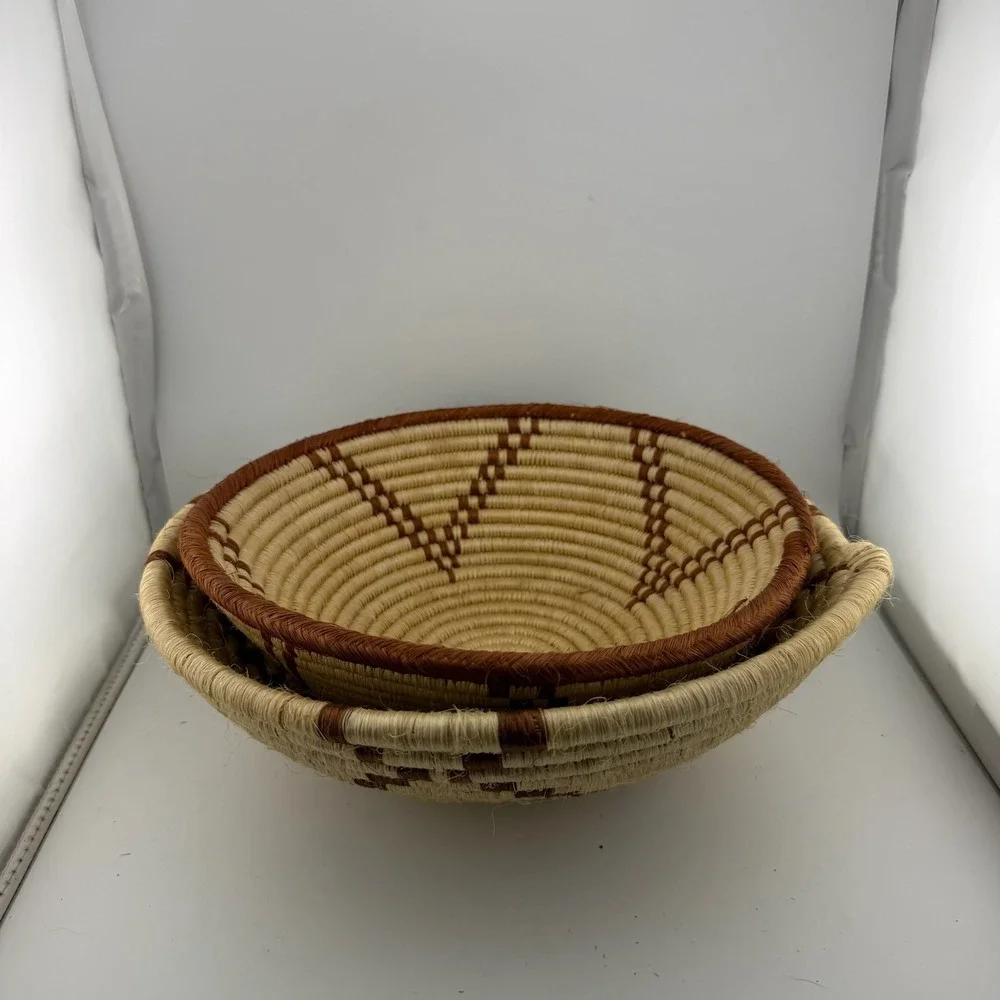 Beige Brown Woven Coil Nesting Baskets Geometric Set of 2